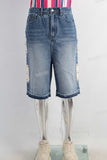 Blue rhinestone patchwork boot cut short