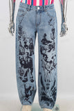 Blue screen print straight jeans