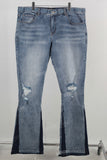 Blue embroidered damaged bell bottom jeans