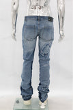 Blue Stack Patchwork raw hem flare boot cut Jeans