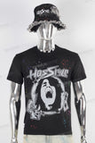 Black digital print patchwork paint splatters T shirt and  hat