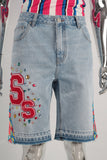 Blue rhinestone patchwork embroidered jeans