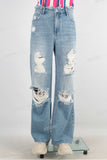 Blue damaged baggy straight jeans