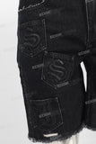 Black patchwork damaged embroidered shorts