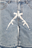 Blue patchwork boot cut shorts