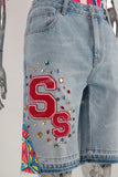 Blue rhinestone patchwork embroidered jeans