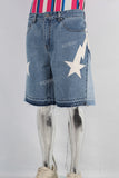 Blue patchwork boot cut shorts