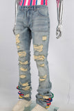Blue damaged patchwork boot cut jeans