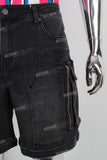 Black patchwork cargo laser shorts