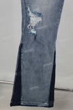 Blue embroidered damaged bell bottom jeans
