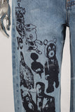 Blue screen print straight jeans