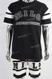 Black digital print patchwork t shirt and screen print shorts