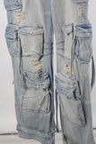 Blue acid wash cargo straight jeans men