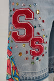 Blue rhinestone patchwork embroidered jeans