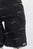 Black patchwork damaged embroidered shorts
