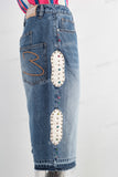 Blue rhinestone patchwork boot cut short