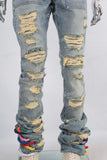 Blue damaged patchwork boot cut jeans