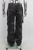 Black vintage wash zipper raw hem baggy men jeans