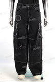Men Fashion Vintage Wash Black Embroidery Baggy Cargo Denim Jeans