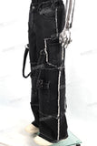 Men Fashion Vintage Wash Black Embroidery Baggy Cargo Denim Jeans