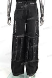Men Fashion Vintage Wash Black Embroidery Baggy Cargo Denim Jeans