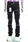 Multi Pocket Black Denim Pants Skinny Flare Stacked Cargo Pants