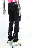 Multi Pocket Black Denim Pants Skinny Flare Stacked Cargo Pants