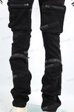 Multi Pocket Black Denim Pants Skinny Flare Stacked Cargo Pants