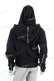 Men Black Cotton Double Hooded Full Face Zip Up Hoodie Custom