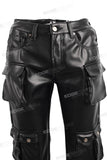 Factory Custom Men Black Multi Pocket Leather Cargo Pants