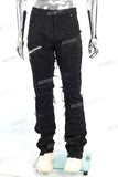 Men Black Denim Trousers Embroidery Patch Skinny Stacked Jeans