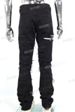 Men Black Denim Trousers Embroidery Patch Skinny Stacked Jeans