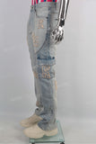 New Men Casual Pocket Cargo Denim Pants Patchwork Distressed Jeans For Men