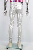 Men Skinny Stacked Waxed Jeans Silver Fashion Streetwear Denim Pants