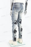 Fashion Skull Badge Embroidered Blue Mans Skinny Jeans