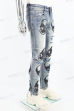 Fashion Skull Badge Embroidered Blue Mans Skinny Jeans