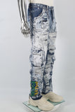 Blue Embroidery Ripped Spray Cargo Baggy jeans