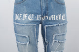 Printed Embroidered Ripped Blue Stack Jeans