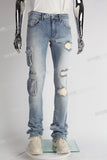 blue distressed flare bottom stacked men jeans with embroidery