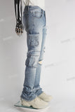 blue distressed flare bottom stacked men jeans with embroidery