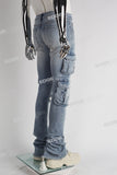 blue distressed flare bottom stacked men jeans with embroidery