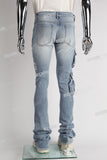 blue distressed flare bottom stacked men jeans with embroidery
