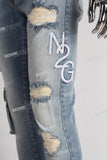 blue distressed flare bottom stacked men jeans with embroidery