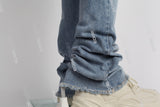blue distressed flare bottom stacked men jeans with embroidery