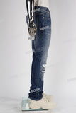 blue ripped men jeans with embroidery logo