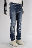 blue ripped men jeans with embroidery logo