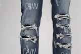 blue ripped men jeans with embroidery logo