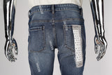 blue ripped men jeans with embroidery logo