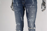 blue ripped men jeans with embroidery logo