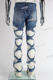 blue distressed flare bottom stacked men jeans